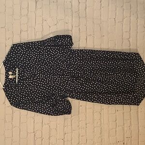 Navy White Polka Dot Medium Dress Roll Tab Sleeve Collarless